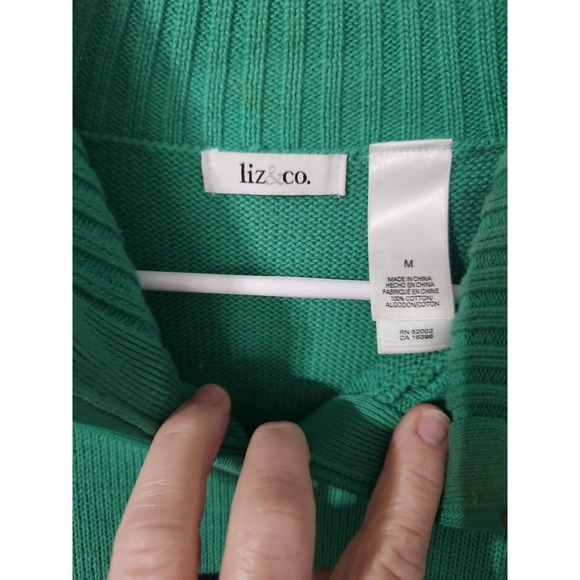 Liz & Co 100% Cotton 1/4 Zip Preppy Sweater Green & Navy Stripes, Medium - Picture 2 of 3